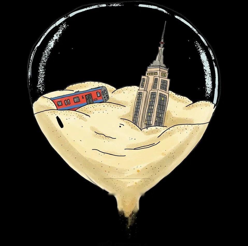 Hourglass illustration with NYC landmarks