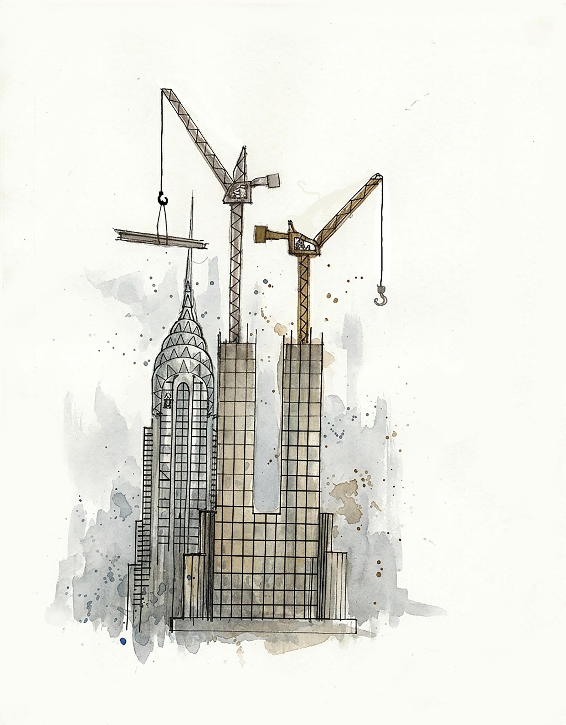 Chrysler Building with construction cranes
