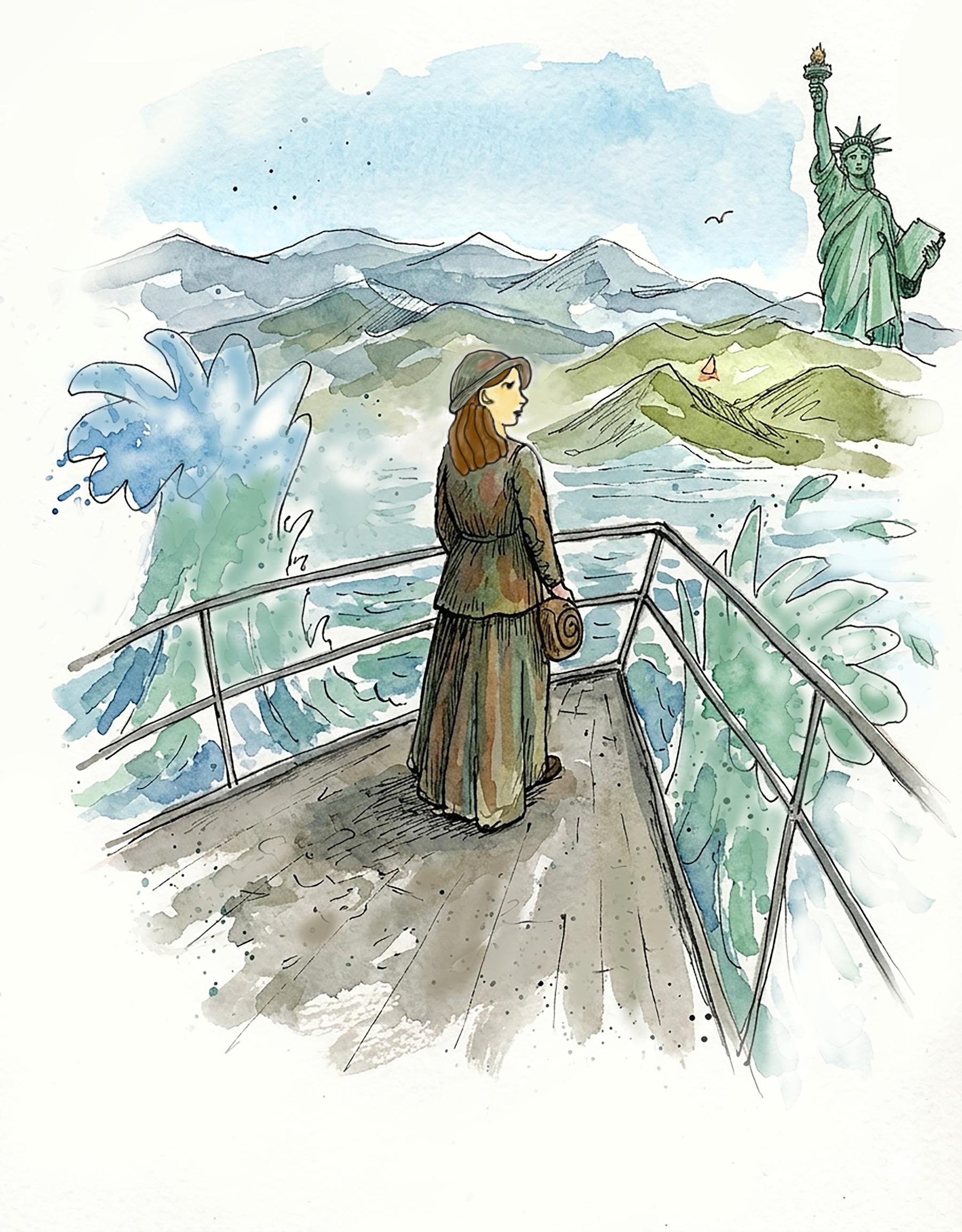 Woman on ship deck with Statue of Liberty in background