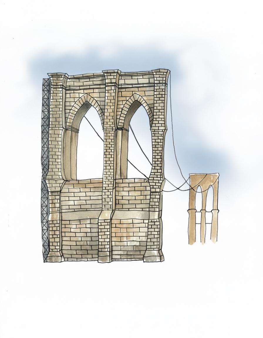 Gothic stone towers of the Brooklyn Bridge